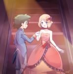  1boy 1girl ballroom bare_shoulders black_hair blonde_hair blue_eyes blue_suit brown_eyes choker couple dress gloves holding_hands mei_(maysroom) no_hat no_headwear pokemon pokemon_(anime) pokemon_xy_(anime) red_choker red_dress red_ribbon red_sash ribbon sash satoshi_(pokemon) serena_(pokemon) short_hair spiked_hair stairs tagme tareme 