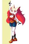  2019 anthro bag braixen breasts clothing cosplay ear_tuft eyebrows eyelashes fangs female fingers footwear fur hair hi_res kimeratoons legwear may_(pok&eacute;mon) nintendo open_mouth pok&eacute;mon pok&eacute;mon_(species) red_body red_eyes red_fur red_hair shoes socks tongue tuft video_games walking white_body white_fur yellow_body yellow_fur 