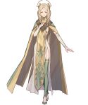  1girl bangs blonde_hair boots cape dress emmeryn_(fire_emblem) fire_emblem fire_emblem_awakening fire_emblem_heroes full_body green_footwear highres holding long_dress long_hair official_art parted_bangs solo staff thigh_boots thighhighs transparent_background 