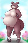  &lt;3 alternate_version_at_source anthro beastars belly big_belly big_breasts blush breasts brown_body brown_fur canid canine canis clothing featureless_breasts female footwear footwear_only fur genitals juno_(beastars) mammal monooki333 mostly_nude overweight overweight_female pussy solo wolf 