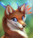  2020 alectorfencer antlers black_nose blue_eyes blurred_background brown_body brown_fur canid canine cervid collaboration fangs fox fur hi_res horn hybrid inner_ear_fluff kebi light lighting looking_at_viewer mammal open_mouth open_smile smile solo tongue tuft whiskers white_body white_fur 