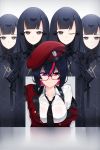  5girls absurdres beret black_hair breasts character_request expressionless female_commander_(girls_frontline) girls_frontline glasses grifon_&amp;_kryuger hat heterochromia highlights highres multicolored_hair multiple_girls one_eye_closed paradeus purple_eyes red_eyes red_hair smile suspenders two-tone_hair z.taiga 