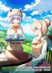  2girls alpaca_ears alpaca_huacaya_(kemono_friends) alpaca_suri_(kemono_friends) animal_ears bag bangs belt blonde_hair blue_eyes blue_hair blue_sky chair cloud commentary_request cup extra_ears eyebrows_visible_through_hair fur-trimmed_sleeves fur_collar fur_hat fur_trim grass hair_between_eyes hasumikaoru hat horizontal_pupils japari_symbol kemono_friends kemono_friends_3 long_sleeves multiple_girls official_art outdoors parted_lips short_hair sitting sky smile table teacup teapot tray vest 