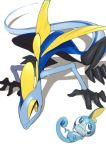  2019 3_toes 4_fingers ambiguous_gender amphibian anthro blue_body blue_eyes blue_markings cape clothing feral fingers gloves handwear hi_res inteleon lying markings nintendo pok&eacute;mon pok&eacute;mon_(species) reptile scalie simple_background smile sobble suyobara toes video_games white_background yellow_eyes 