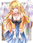  1girl angel_wings bangs black_shirt blonde_hair blue_skirt border breasts cleavage collarbone commentary_request eyebrows_visible_through_hair flower hair_between_eyes hands_on_own_knees jacket jewelry long_hair looking_at_viewer mashiro_aa medium_breasts necklace open_clothes open_jacket open_mouth original red_eyes shirt sidelocks skirt smile solo sparkle wings yellow_jacket 