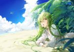  1boy androgynous bangs beach blue_sky blurry cloud condensation_trail dappled_sunlight depth_of_field enkidu_(fate/strange_fake) eyelashes fate_(series) flower flying green_eyes green_hair hair_between_eyes long_hair long_sleeves looking_at_viewer lying midriff mouth_hold ocean on_ground on_stomach plant robe saki_(nighters) sand sky solo sunlight very_long_hair white_flower 
