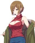  1girl akiyoshi_(tama-pete) alternate_costume armpit_peek arms_at_sides bare_shoulders breasts brown_eyes brown_hair casual cleavage closed_mouth coat cowboy_shot denim earrings eyelashes eyes_visible_through_hair fingernails fur-trimmed_coat fur_trim green_coat huge_breasts jeans jewelry light_smile long_fingernails looking_down meiko meme_attire no_bra open-chest_sweater pants red_nails red_sweater removing_coat ribbed_sweater shaded_face shiny shiny_clothes shiny_hair shiny_legwear shiny_skin short_hair shoulder_blush sideboob simple_background sleeveless sleeveless_sweater solo standing sweater turtleneck turtleneck_sweater vocaloid white_background 
