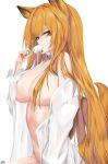  1girl absurdres animal_ears arknights bangs bare_shoulders blonde_hair breasts brown_eyes ceobe_(arknights) commentary_request food food_in_mouth hair_censor hand_up hhy highres holding holding_food large_breasts long_hair looking_at_viewer naked_shirt off_shoulder open_clothes open_shirt popsicle shirt simple_background solo very_long_hair white_background 
