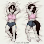  anthro bed blush butt clothing dakimakura_design dock equid equine fan_character female furniture hi_res horn horse jcosneverexisted looking_at_viewer looking_back lying mammal nipples pony pose presenting solo spiky_flair unicorn 