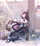  1girl animal_ears black_hair boot_removed boots cat cat_ears cat_tail closed_eyes detached_sleeves dress fuyouchu karyl_(princess_connect!) low_twintails pantyhose princess_connect! princess_connect!_re:dive sleeveless sleeveless_dress sunlight tail thighhighs twintails 
