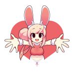  1girl animal_ears bangs blush breasts bunny_ears bunny_girl crop_top eyebrows_visible_through_hair fiz_(fizintine) fizintine hair_bun hair_ribbon heart large_breasts looking_at_viewer navel open_mouth original outstretched_arms pink_hair red_ribbon ribbon short_hair short_shorts shorts sidelocks smile solo swept_bangs upper_teeth white_shorts wrist_cuffs 