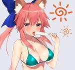  1girl animal_ear_fluff animal_ears bangs bare_shoulders bikini blue_bow blush bow breasts cleavage collarbone fate/extra fate_(series) food fox_ears fox_girl hair_between_eyes hair_bow large_breasts long_hair looking_at_viewer open_mouth pink_hair popsicle sidelocks swimsuit tamamo_(fate)_(all) tamamo_no_mae_(fate) tongue tongue_out twintails yellow_eyes yoshi8357 