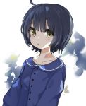  1girl ahoge bangs black_hair blue_shirt brown_eyes collarbone collared_shirt dress_shirt eyebrows_visible_through_hair gochuumon_wa_usagi_desu_ka? hair_between_eyes houjichaoic jouga_maya long_sleeves looking_at_viewer parted_lips shirt short_hair solo upper_body white_background 