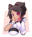  1girl animal_ears black_hair braid cat_ears commission dark_skin eyebrows_visible_through_hair fizintine flying_sweatdrops highlights looking_at_viewer maid multicolored_hair original parted_lips pink_eyes pink_hair short_hair short_sleeves shy solo two-tone_hair upper_body wrist_cuffs 