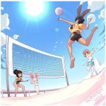  &gt;3&lt; 2019 4girls :3 animal_ears ass bangs barefoot beach bikini black-framed_eyewear black_hair black_shorts black_swimsuit blue_sky blunt_bangs breasts brown_hair bunny_ears bunny_girl bunny_tail cleavage closed_eyes closed_mouth cloud day emi_(fizintine) eyewear_on_head facing_another fiz_(fizintine) fizintine glasses hair_bun highres jumping large_breasts looking_at_another luna_(fizintine) multiple_girls one-piece_swimsuit original outdoors pink_hair rectangular_eyewear sand semi-rimless_eyewear shikoke_(fizintine) short_hair shorts sky sunglasses swept_bangs swimsuit tail tan under-rim_eyewear volleyball volleyball_net white_bikini 