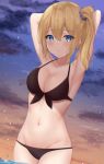  1girl armpits arms_behind_head bangs bikini black_bikini black_ribbon blonde_hair blue_eyes blush breasts cleavage closed_mouth cloud collarbone commentary_request cowboy_shot eyebrows_visible_through_hair front-tie_bikini front-tie_top gradient_sky groin hair_ornament hair_scrunchie hayasaka_ai kaguya-sama_wa_kokurasetai_~tensai-tachi_no_renai_zunousen~ looking_at_viewer medium_breasts navel outdoors ribbon scrunchie short_hair side_ponytail sidelocks sky solo stomach swimsuit twilight umineco_1 water 