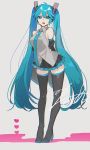  1girl arms_behind_back bare_shoulders black_legwear black_skirt blue_eyes blue_hair blue_neckwear blush breasts collared_shirt detached_sleeves eyebrows_visible_through_hair eyelashes full_body grey_background grey_shirt hair_between_eyes hatsune_miku headset heart heart_background highres jitome legs_apart long_hair medium_breasts necktie open_mouth pecchii pink_background pleated_skirt shiny shiny_hair shirt sidelocks signature simple_background skirt sleeveless sleeveless_shirt solo standing thighhighs twintails two-tone_background very_long_hair vocaloid zettai_ryouiki 