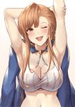  1girl arm_behind_head armpits arms_up bangs bare_shoulders blush breasts brown_eyes cleavage collarbone granblue_fantasy haido_(ryuuno_kanzume) highres large_breasts long_hair looking_at_viewer navel one_eye_closed open_mouth orange_hair sidelocks simple_background smile song_(granblue_fantasy) white_background 