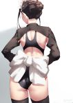  1girl ass black_legwear black_swimsuit bow brown_hair commentary_request competition_swimsuit cowboy_shot facing_away from_behind hair_bun jonsun large_bow long_sleeves maid_headdress mixed-language_commentary one-piece_swimsuit original short_hair shrug_(clothing) solo swimsuit thighhighs twitter_username two-tone_background white_bow 