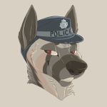  1:1 2019 black_nose canid canine canis domestic_dog fur furryfilth german_shepherd grin headshot_portrait herding_dog hi_res mammal multicolored_body multicolored_fur pastoral_dog police_dog police_hat portrait red_eyes simple_background smile solo 