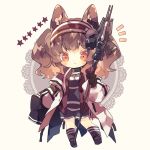  /\/\/\ 1girl :3 angelina_(arknights) animal_ear_fluff animal_ears arknights bangs black_gloves brown_hair chibi choker commentary_request fox_ears gloves grey_legwear hairband highres holding holding_staff holding_weapon kneehighs lace_background long_hair long_sleeves looking_at_viewer nikorashi-ka open_clothes red_hairband simple_background socks solo staff star_(symbol) twintails weapon white_background 
