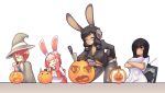  4girls absurdres animal_ears bangs black_hair black_legwear blush breasts brown_hair bunny_ears bunny_girl cleavage closed_eyes cosplay emi_(fizintine) eyebrows_visible_through_hair facing_viewer fiz_(fizintine) fizintine glasses gloves grey_headwear grin hair_over_one_eye halloween halloween_costume hat highres jack-o&#039;-lantern knife large_breasts little_red_riding_hood little_red_riding_hood_(grimm) little_red_riding_hood_(grimm)_(cosplay) long_hair looking_at_viewer luna_(fizintine) multiple_girls original pantyhose parted_lips pink_hair round_eyewear shikoke_(fizintine) short_hair sidelocks smile stitched_face swept_bangs tan teeth the_ring torn_clothes torn_legwear white_gloves witch_hat yamamura_sadako yamamura_sadako_(cosplay) 