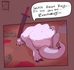  after_vore am ambiguous_gender anthro apoetofthefall belly big_belly blood bodily_fluids claws comic dialogue dragon english_text errant_(character) faceless_character hi_res melee_weapon navel nude speech_bubble sword text toe_claws vore weapon 