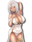  1girl arm_up arms_up azur_lane bangs bare_shoulders blush body_markings breasts center_opening cleavage covered_navel dark_skin dress facial_mark forehead_mark halter_dress highres jewelry large_breasts long_hair looking_at_viewer massachusetts_(azur_lane) massachusetts_(dressed_to_impress)_(azur_lane) native_american orionstar red_eyes silver_hair simple_background sleeveless sleeveless_dress solo thighlet white_background white_dress 