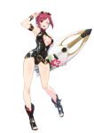  1girl arm_up bracelet eyewear_on_head flamy full_body highres holding idola_phantasy_star_saga jewelry looking_at_viewer official_art one_eye_closed open_mouth open_toe_shoes phantasy_star red_eyes red_hair short_hair simple_background solo swimsuit white_background 