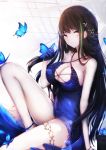  1girl animal animal_on_hand bangs bare_arms bare_shoulders black_hair blue_butterfly blue_dress blue_gloves breasts brown_eyes bug butterfly butterfly_on_hand cleavage closed_mouth commentary_request criss-cross_halter dress eyebrows_visible_through_hair girls_frontline gloves green_hair hair_ornament half_gloves halterneck highres insect knee_up large_breasts long_hair m4a1_(girls_frontline) multicolored_hair nekoya_(liu) sitting solo streaked_hair very_long_hair 