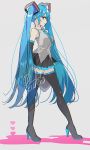  1girl armpit_peek arms_behind_back bare_shoulders black_legwear black_skirt blue_eyes blue_hair blue_neckwear blush breasts closed_mouth collared_shirt detached_sleeves eyebrows_visible_through_hair full_body grey_background grey_shirt hair_between_eyes half-closed_eyes hatsune_miku heart heart_background highres jitome legs_apart light_smile long_hair looking_to_the_side medium_breasts necktie pecchii pink_background pleated_skirt profile see-through shiny shiny_hair shirt sidelocks signature simple_background skirt sleeveless sleeveless_shirt sleeves_past_fingers sleeves_past_wrists solo standing thighhighs twintails two-tone_background very_long_hair vocaloid zettai_ryouiki 