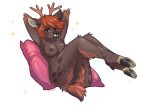  absurd_res ahava anthro brown_body brown_fur brown_nipples cervid female fur genitals hair hi_res hooves kissuk legs_in_air mammal nipples pillow pussy red_hair simple_background solo spots spotted_body white_background 