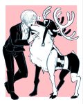  a1 antlers capreoline cervid clothing duo feral hat headgear headwear horn human japanese_text kissing male male/male mammal necktie one_piece reindeer sanji_(one_piece) suit text tony_tony_chopper 