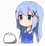  1girl angora_rabbit animal bangs blue_bow blue_eyes blue_hair blue_vest blush bow bunny closed_mouth collared_shirt commentary_request cropped_torso eyebrows_visible_through_hair gochuumon_wa_usagi_desu_ka? hair_between_eyes hair_ornament houjichaoic kafuu_chino long_hair looking_away rabbit_house_uniform shadow shirt tippy_(gochiusa) uniform upper_body vest waitress white_background white_shirt x_hair_ornament 