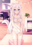  1girl :o animal_ear_fluff animal_ears artist_name bangs bare_arms bare_shoulders bell bell_choker blue_eyes blush bra cat_cutout cat_ear_panties cat_ears cat_girl cat_lingerie cat_tail chair choker cleavage_cutout double_bun eyebrows_visible_through_hair frilled_bra frills groin hair_between_eyes highres indoors jingle_bell kneeling long_hair meme_attire mirror natsumii_chan navel no_shoes original panties parted_lips pink_choker pink_legwear plant potted_plant side-tie_panties sidelocks silver_hair solo table tail thigh_gap thighhighs underwear underwear_only very_long_hair white_bra white_panties 