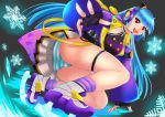  1girl alternate_costume ass bangs blue_hair fingerless_gloves gloves headphones ice ice_skates kula_diamond long_hair looking_at_viewer panties purple_eyes skates skirt smile striped striped_panties the_king_of_fighters underwear 