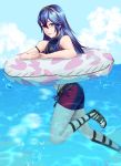  1girl ameno_(a_meno0) arm_strap bikini_shorts blue_eyes blue_hair day feet_out_of_frame fire_emblem fire_emblem_awakening hair_between_eyes innertube long_hair lucina_(fire_emblem) midriff navel ocean outdoors shiny shiny_hair short_shorts shorts solo stomach summer swimming tiara wet wet_hair 