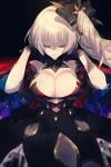  1girl bangs bare_shoulders black_background black_bow black_dress black_gloves bow breasts cis05 cleavage closed_mouth dress fate/grand_order fate_(series) gloves hair_bow large_breasts long_hair marie_antoinette_(fate/grand_order) pale_skin side_ponytail silver_hair smile very_long_hair yellow_eyes 