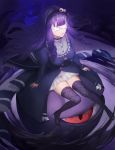  1girl bangs black_footwear black_headband black_legwear blunt_bangs breasts covered_eyes dress drill_locks eyeball eyeball_hair_ornament headband highres hijinrui_gakuen long_hair medium_breasts purple_hair sidelocks sitting solo suiseki thighhighs 