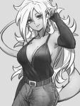  1girl alternate_costume android_21 belt breasts cleavage closed_mouth collarbone detached_sleeves dragon_ball dragon_ball_fighterz earrings grey_background greyscale hair_between_eyes hoop_earrings jewelry kemachiku long_hair looking_at_viewer majin_android_21 medium_breasts monochrome pants simple_background smile solo tail 