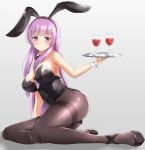  1girl alternate_costume animal_ears bangs bare_arms bare_shoulders black_footwear black_legwear black_leotard blunt_bangs breasts bunny_ears bunny_tail bunnysuit cleavage crescent crescent_hair_ornament cup drinking_glass fake_animal_ears fake_tail hair_ornament large_breasts leotard long_hair looking_at_viewer pantyhose patchouli_knowledge purple_eyes purple_hair ram_hachimin shoes simple_background sitting solo tail thighband_pantyhose touhou tray very_long_hair wrist_cuffs yokozuwari 