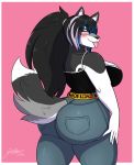  anthro blush bottomwear butt canid canine canis clothing domestic_dog ear_piercing ear_ring eyewear female glasses hi_res jeans jwinkz mammal pants piercing solo tongue tongue_out tongue_piercing 