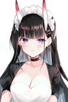  1girl alternate_costume azur_lane bangs black_hair blunt_bangs breasts choker cleavage closed_mouth earrings enmaided frown hair_ornament hair_strand hairclip highres irohatomo jewelry long_hair looking_at_viewer maid maid_headdress noshiro_(azur_lane) oni_horns puffy_short_sleeves puffy_sleeves purple_eyes short_sleeves simple_background solo upper_body white_background x_hair_ornament 