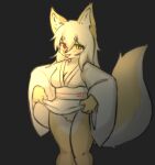 anthro blue_and_white breasts butt canid canine canxue canxue_(character) digital_media_(artwork) featureless_crotch female fingers fox fur hair heterochromia hi_res kemono long_hair looking_at_viewer mammal monochrome nude portrait simple_background smile solo tail text tongue