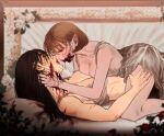  bed black_hair blood blood_from_mouth blood_in_mouth blood_on_face breasts brown_hair hand_on_another&#039;s_leg highres kiss long_hair miho_(sleepymocha) original pale_skin pointy_ears shay_(sleepymocha) short_hair sleepymocha tagme vampire yuri 