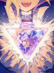  2boys black_hair blonde_hair choker closed_eyes glowing head_out_of_frame highres multicolored_hair multiple_boys muto_yugi purple_hair smile sparkle spiked_hair star_(symbol) upper_body upside-down yami_yugi yu-gi-oh! zwen4383 