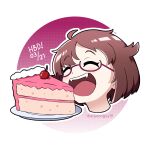  :d ^_^ birthday birthday_cake blush bob_cut brown_hair cake circle_formation closed_eyes eating fangs food happy happy_birthday nanotouko original parted_bangs pink_background semi-rimless_eyewear severed_head short_hair signature simple_background smile swept_bangs two_side_up uehara_jackie under-rim_eyewear 