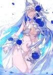  1girl absurdres bikini blue_flower blue_hair blue_rose braid breasts brynhildr_(fate) brynhildr_(swimsuit_berserker)_(fate) brynhildr_(swimsuit_berserker)_(third_ascension)_(fate) colored_inner_hair cross-laced_bikini cross-laced_clothes fate/grand_order fate_(series) flower highres kashia long_hair multicolored_hair purple_eyes rose side_braid smile swimsuit white_bikini white_hair wrist_cuffs 