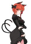  1girl animal_ears black_dress blush breasts cat_ears cat_girl cat_tail commentary dress highres kaenbyou_rin long_sleeves looking_at_viewer multiple_tails open_mouth pochipechi056 red_eyes simple_background solo sweatdrop tail touhou two_tails white_background 