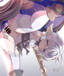  1girl ahoge bare_shoulders blush breasts demimushi granblue_fantasy harvin heart heart_ahoge heavy_breathing highres holding holding_umbrella looking_at_viewer no_panties pussy pussy_juice short_hair small_breasts smile solo spread_pussy thighhighs umbrella wamdus_(granblue_fantasy) white_hair 